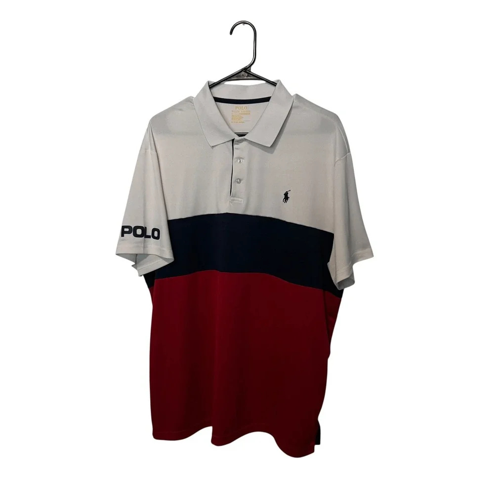 Polo Ralph Lauren Performance Polo Mens XL White Navy Red Colorblock Stretch